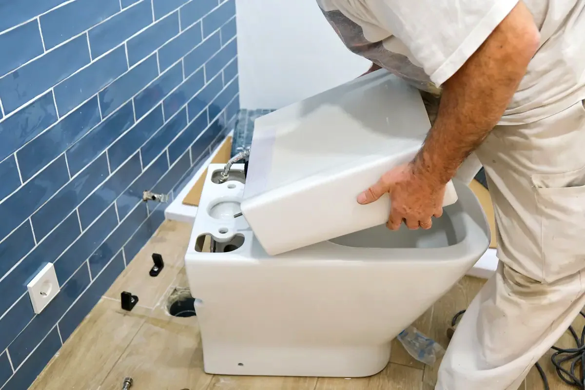 Instalación de sanitarios durante una reforma de baño en Girona